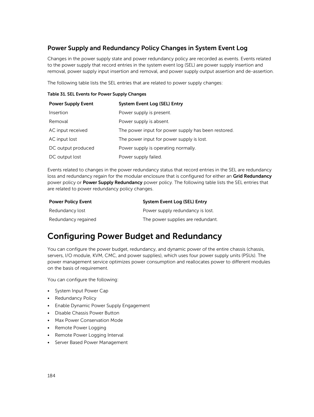 Dell 2 manual Configuring Power Budget and Redundancy 