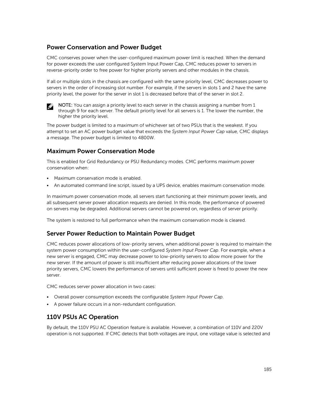 Dell 2 manual Power Conservation and Power Budget, Maximum Power Conservation Mode, 110V PSUs AC Operation 