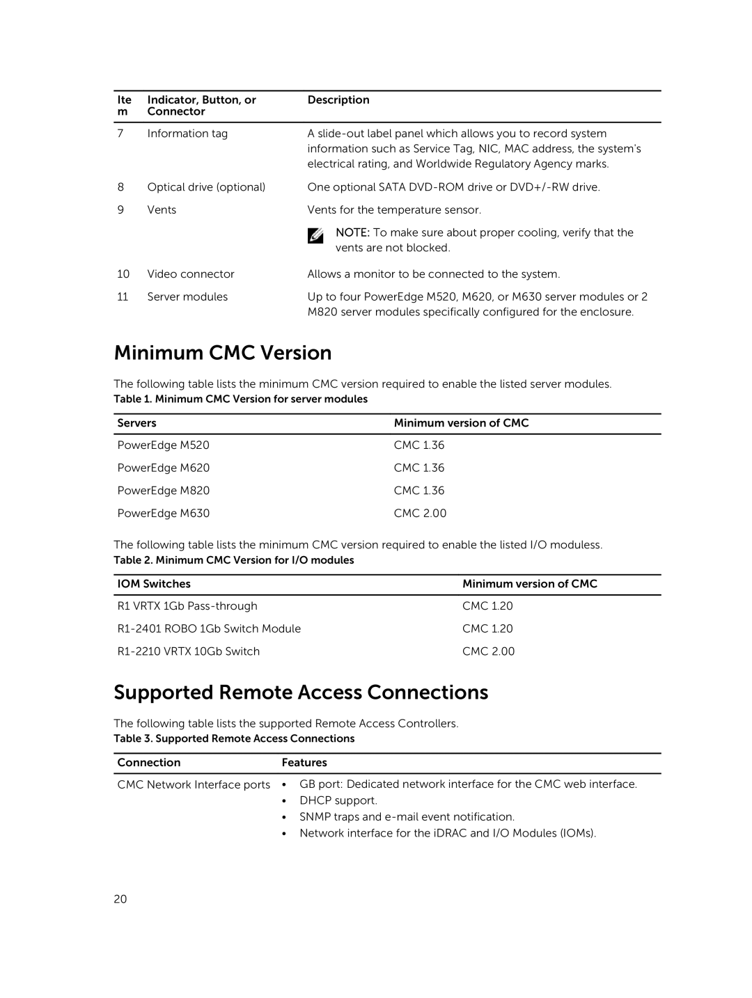 Dell 2 manual Minimum CMC Version, Supported Remote Access Connections 