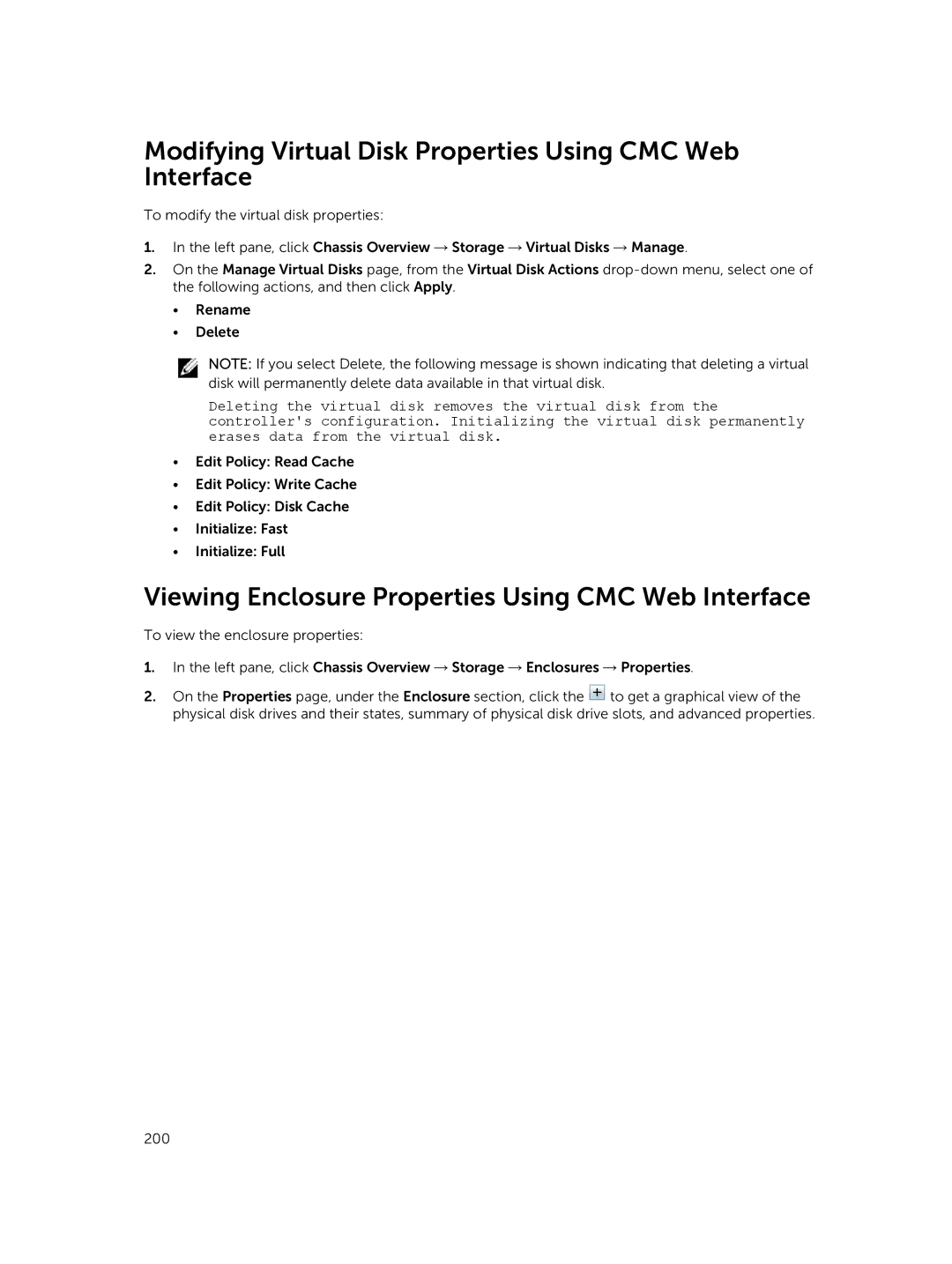 Dell 2 Modifying Virtual Disk Properties Using CMC Web Interface, Viewing Enclosure Properties Using CMC Web Interface 