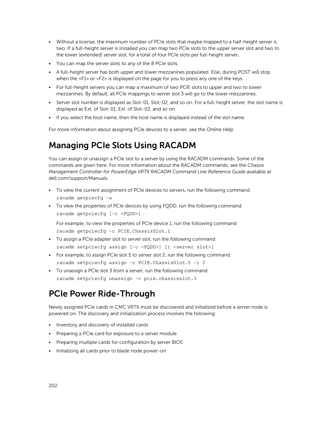 Dell 2 manual Managing PCIe Slots Using Racadm, PCIe Power Ride-Through 