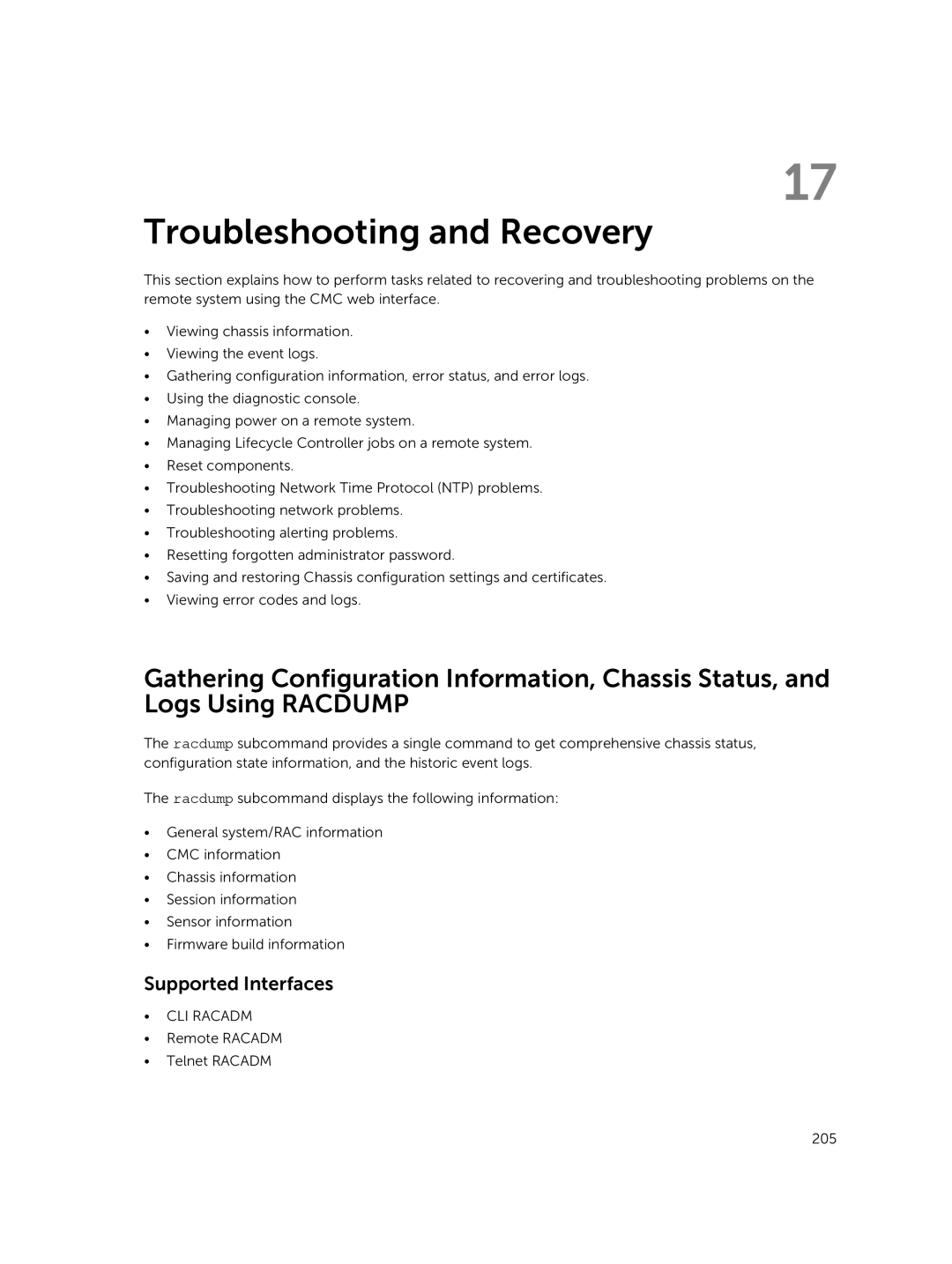 Dell 2 manual Troubleshooting and Recovery, Supported Interfaces, CLI Racadm 