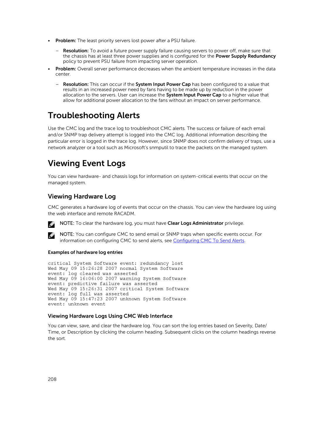 Dell 2 manual Troubleshooting Alerts, Viewing Event Logs, Viewing Hardware Logs Using CMC Web Interface 