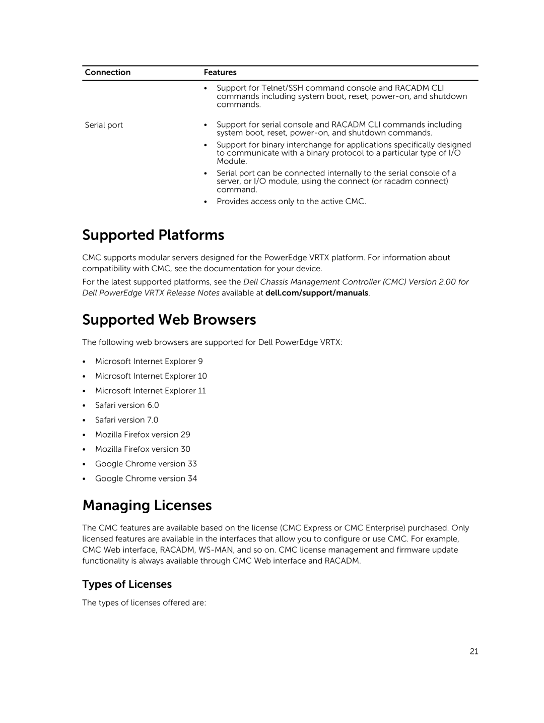 Dell 2 manual Supported Platforms, Supported Web Browsers, Managing Licenses, Types of Licenses 