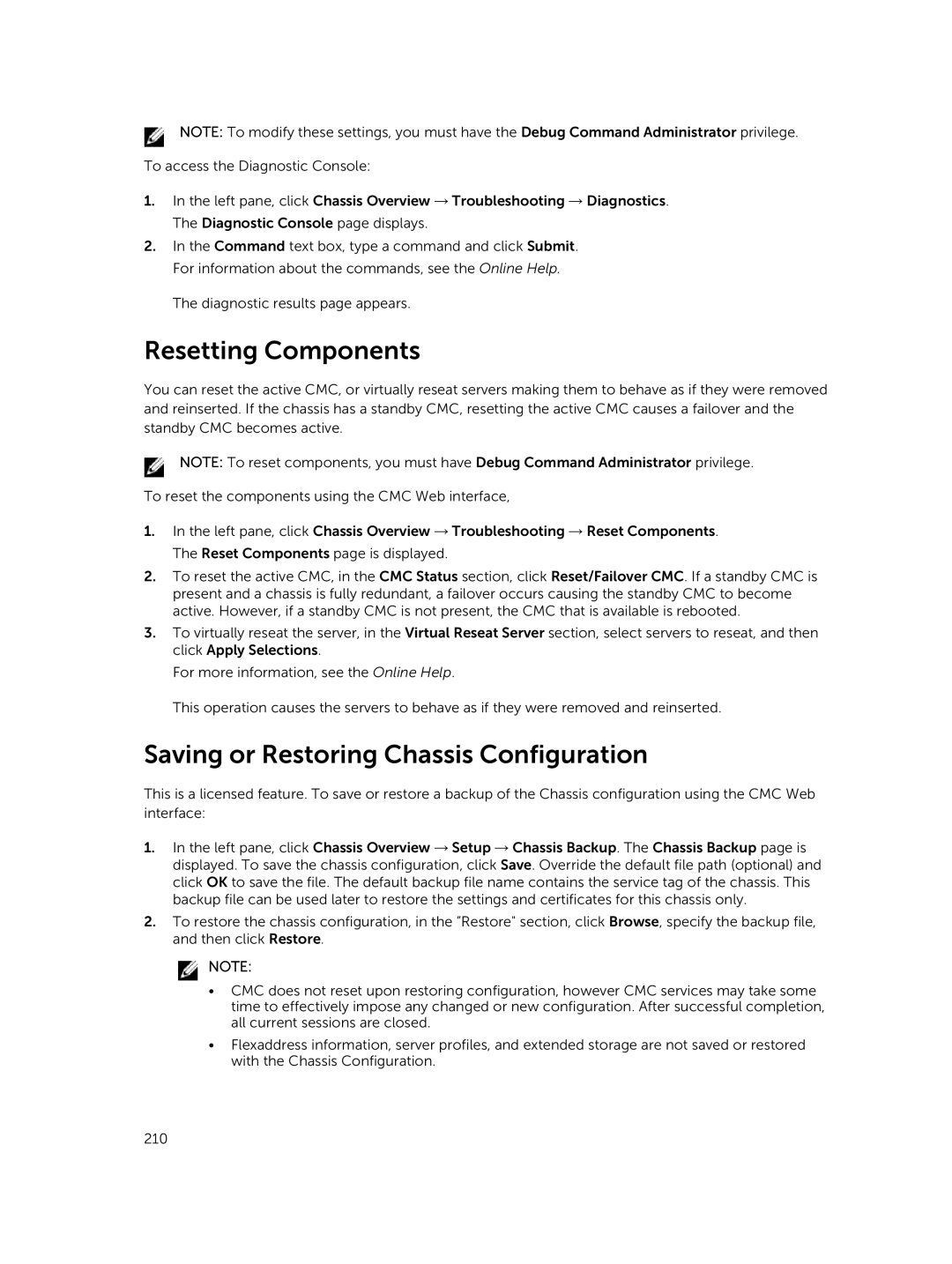 Dell 2 manual Resetting Components, Saving or Restoring Chassis Configuration 