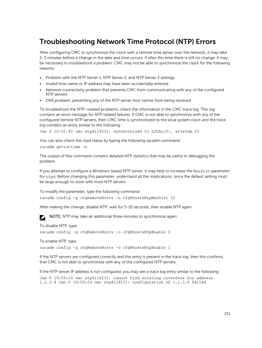 Dell manual Troubleshooting Network Time Protocol NTP Errors, Jan 8 200240 cmc ntpd1423 synchronized to LOCAL0, stratum 