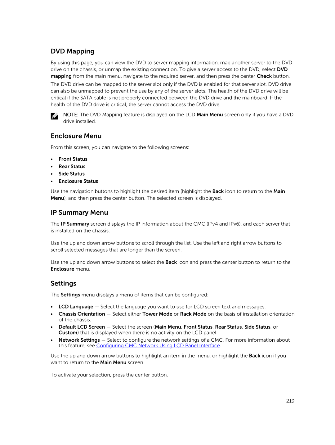 Dell 2 manual DVD Mapping, Enclosure Menu, IP Summary Menu, Settings 