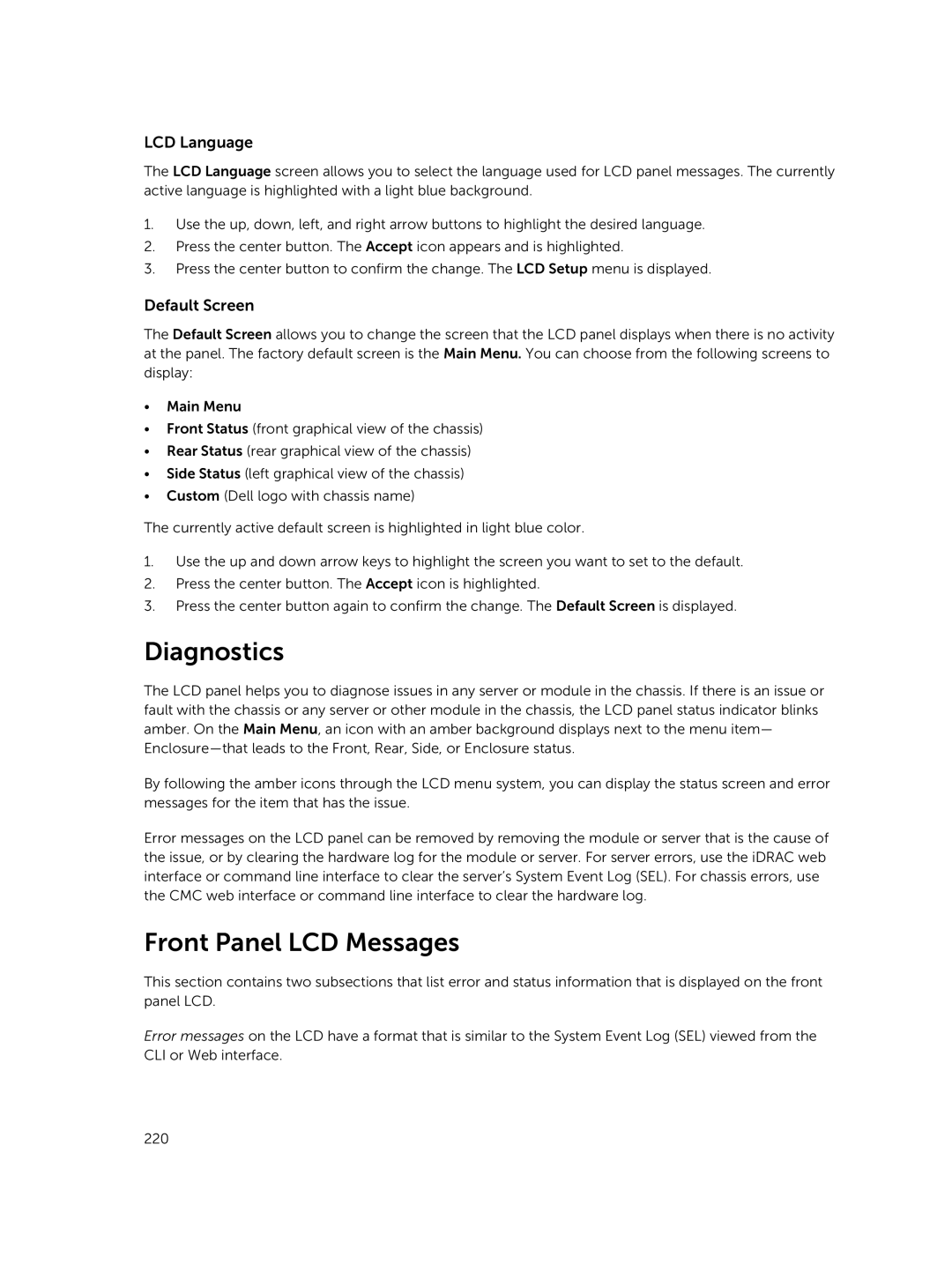 Dell 2 manual Diagnostics, Front Panel LCD Messages, LCD Language, Default Screen 