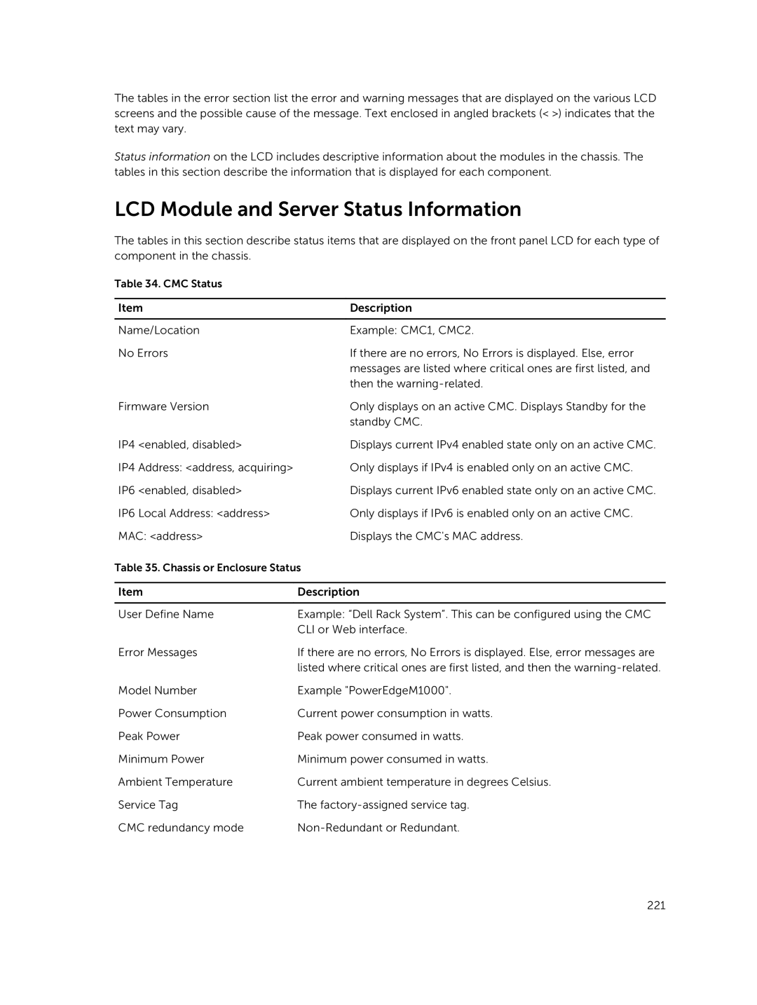 Dell 2 manual LCD Module and Server Status Information 