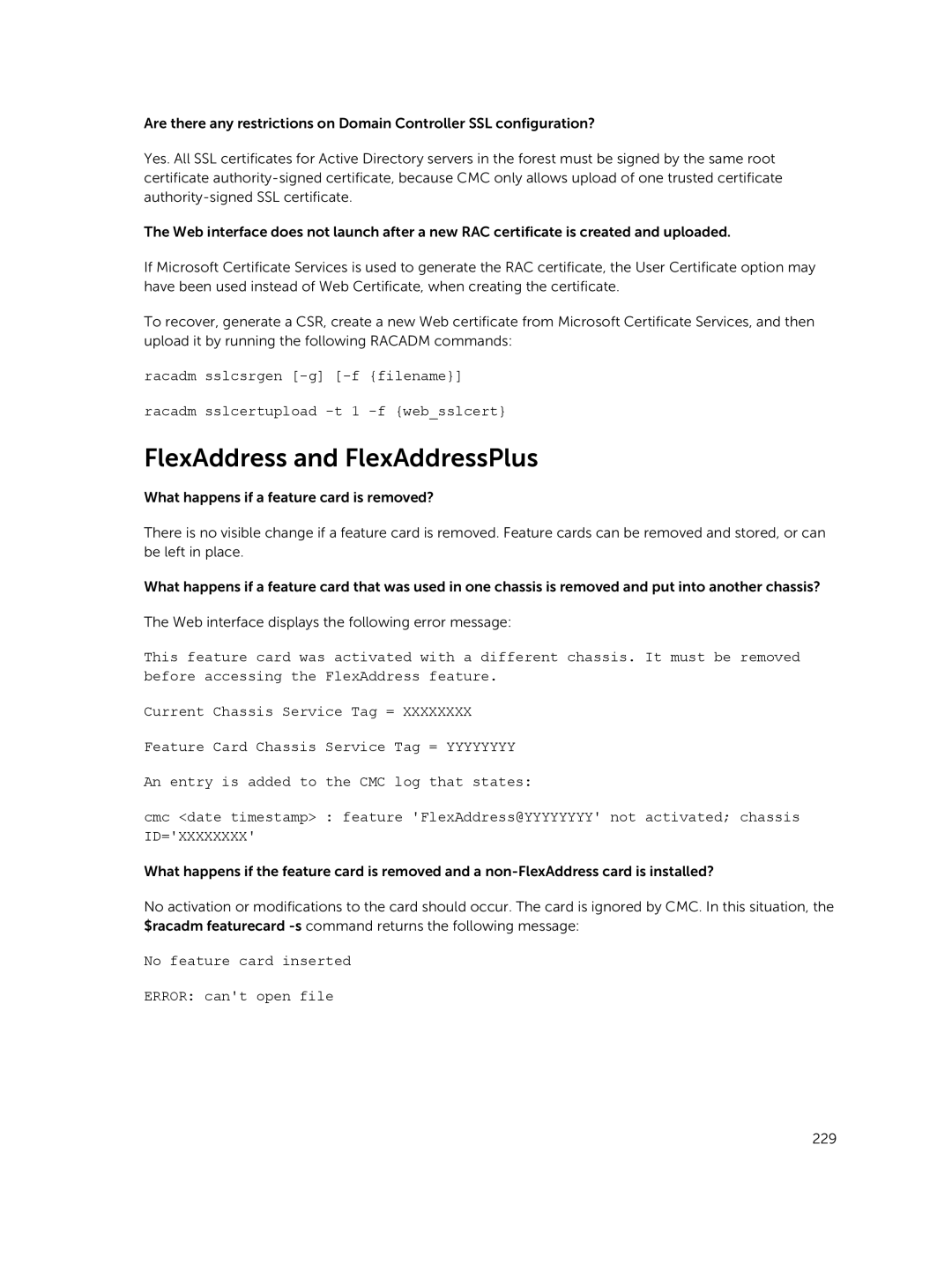 Dell 2 manual FlexAddress and FlexAddressPlus, No feature card inserted Error cant open file 