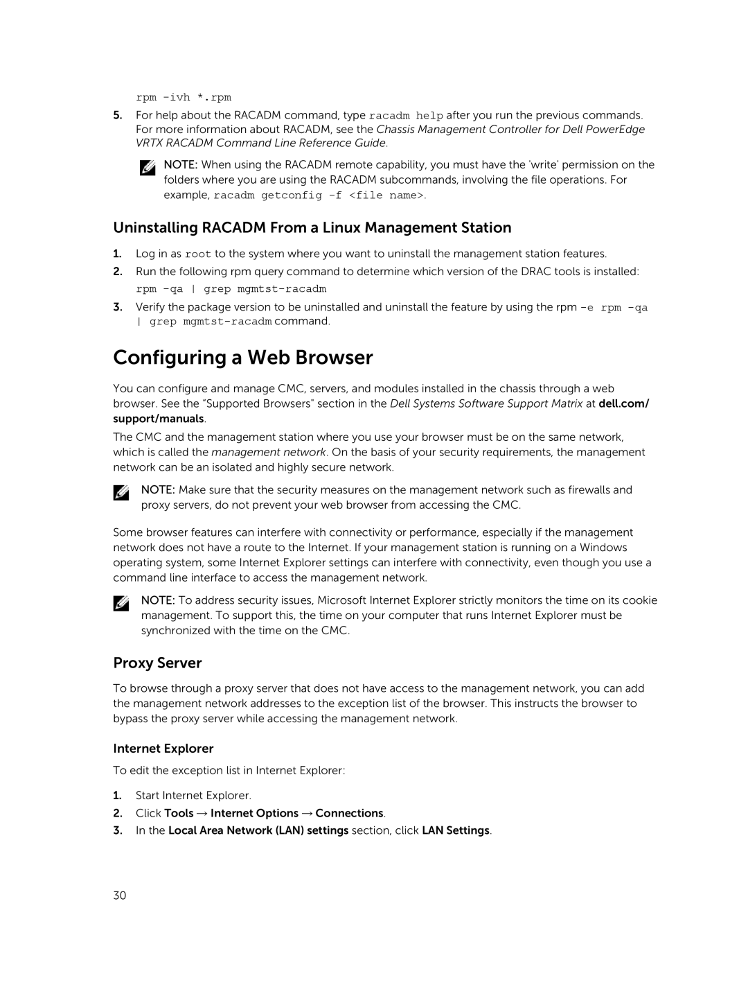 Dell 2 Configuring a Web Browser, Uninstalling Racadm From a Linux Management Station, Proxy Server, Internet Explorer 