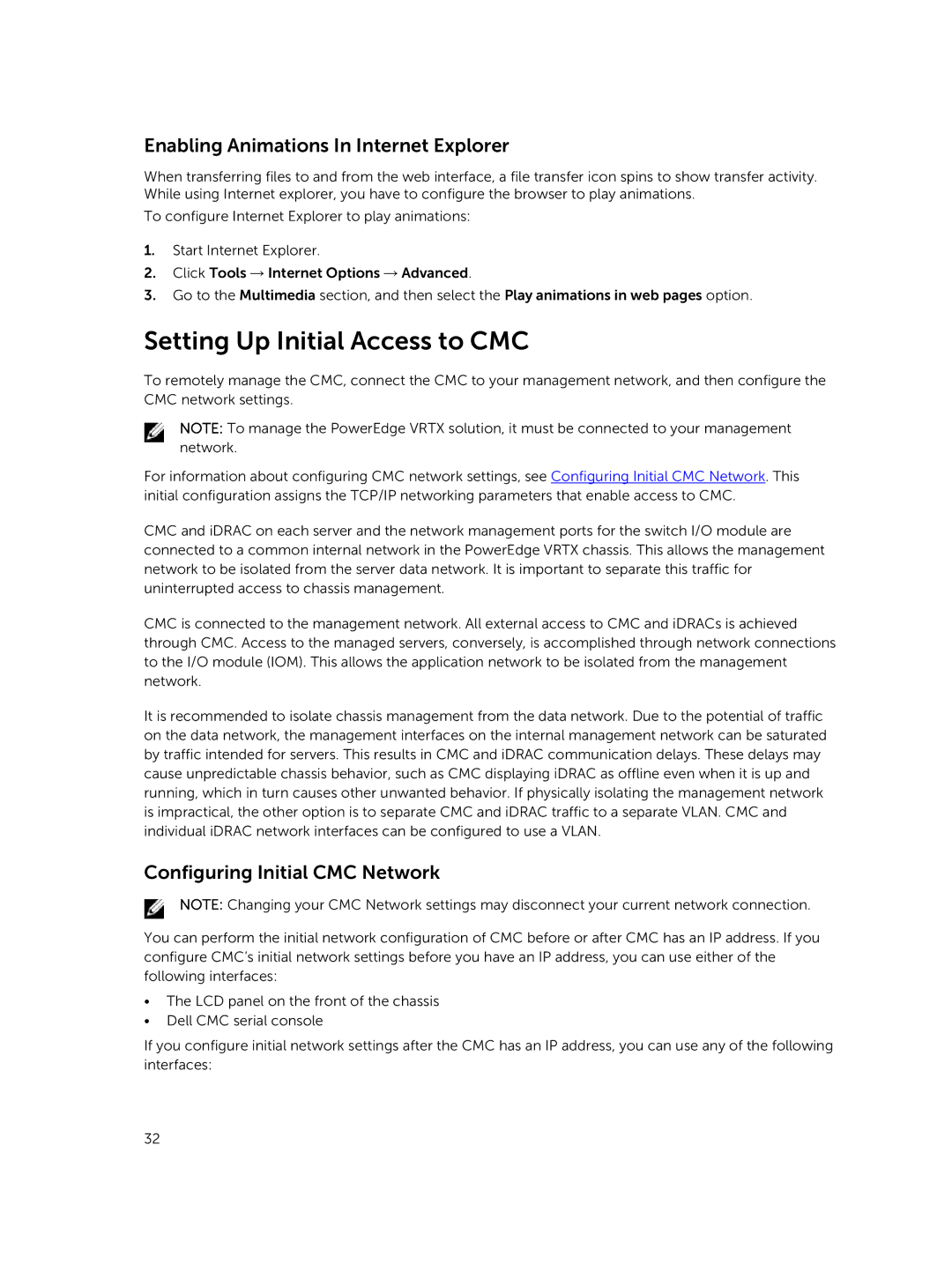 Dell 2 manual Setting Up Initial Access to CMC, Enabling Animations In Internet Explorer, Configuring Initial CMC Network 