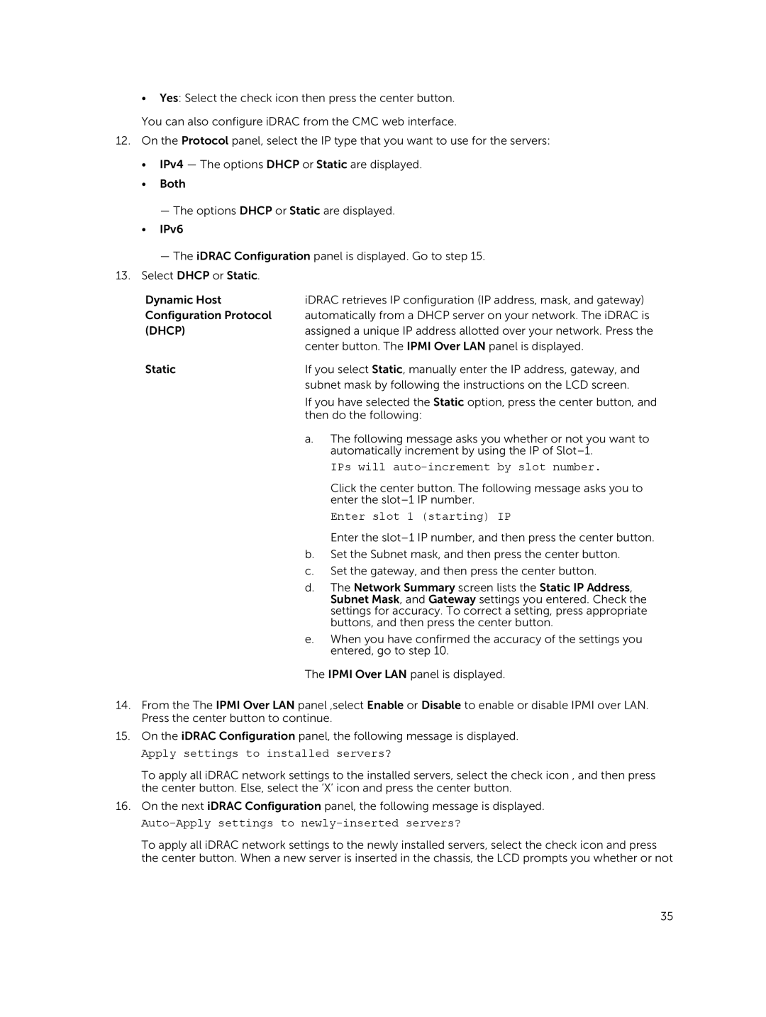 Dell 2 manual Dhcp, IPs will auto-increment by slot number, Enter slot 1 starting IP, Apply settings to installed servers? 