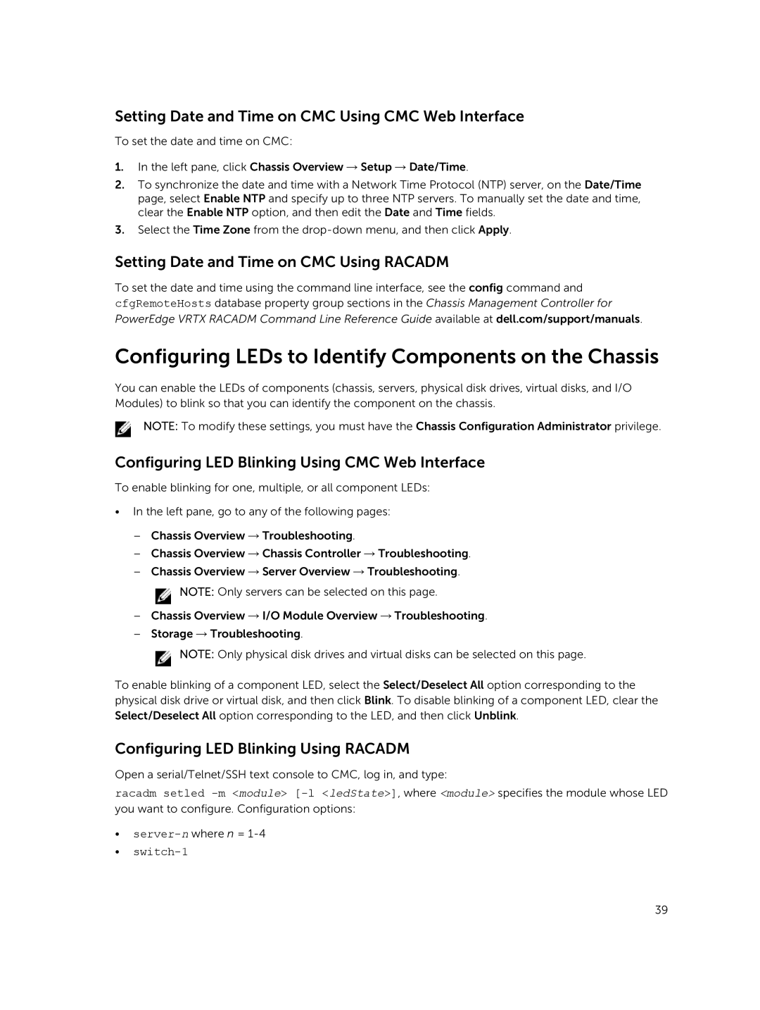 Dell 2 manual Configuring LEDs to Identify Components on the Chassis, Setting Date and Time on CMC Using CMC Web Interface 