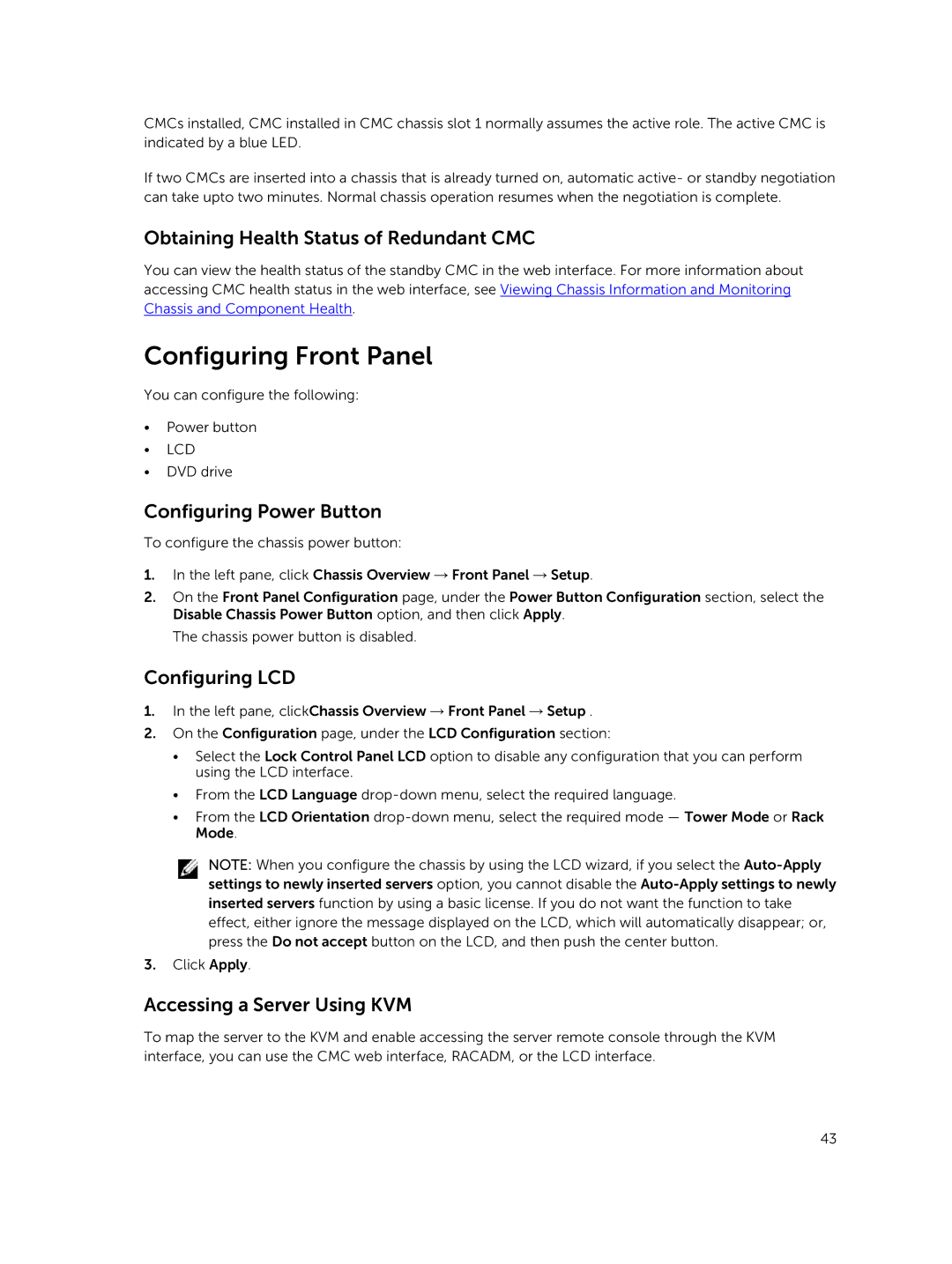 Dell 2 manual Configuring Front Panel, Obtaining Health Status of Redundant CMC, Configuring Power Button, Configuring LCD 