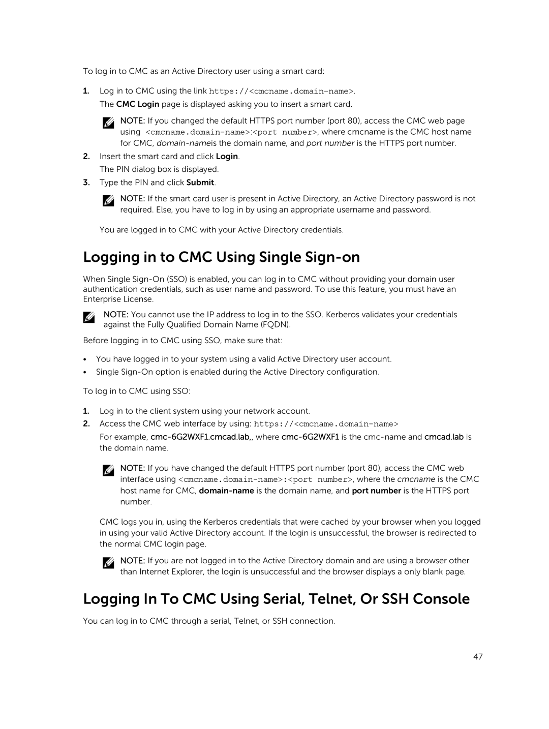 Dell 2 manual Logging in to CMC Using Single Sign-on, Logging In To CMC Using Serial, Telnet, Or SSH Console 