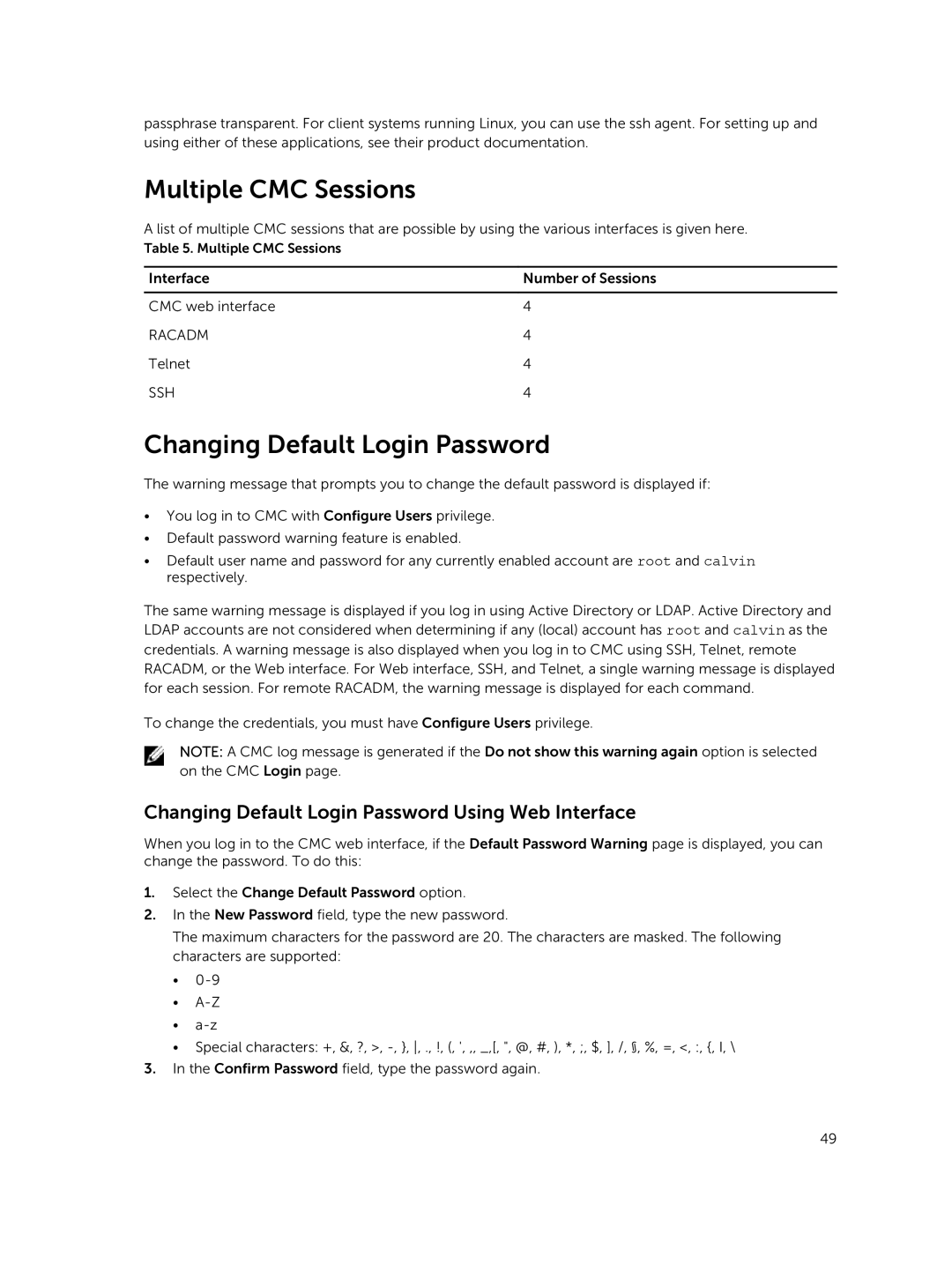 Dell 2 manual Multiple CMC Sessions, Changing Default Login Password Using Web Interface 