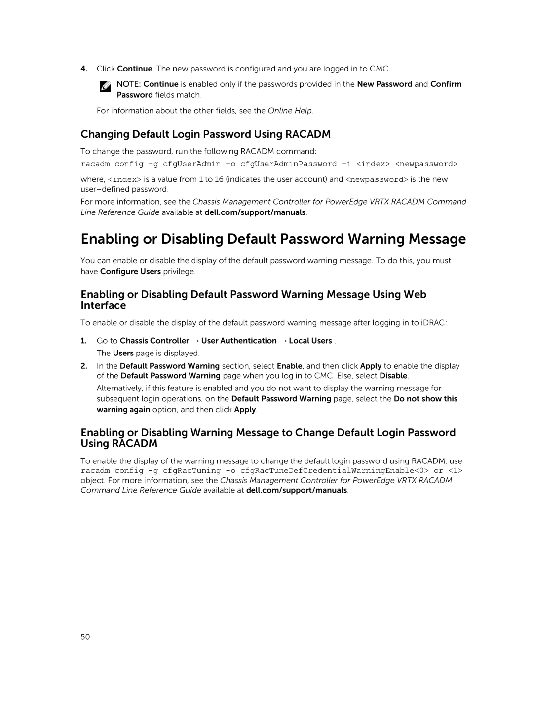 Dell 2 manual Enabling or Disabling Default Password Warning Message, Changing Default Login Password Using Racadm 