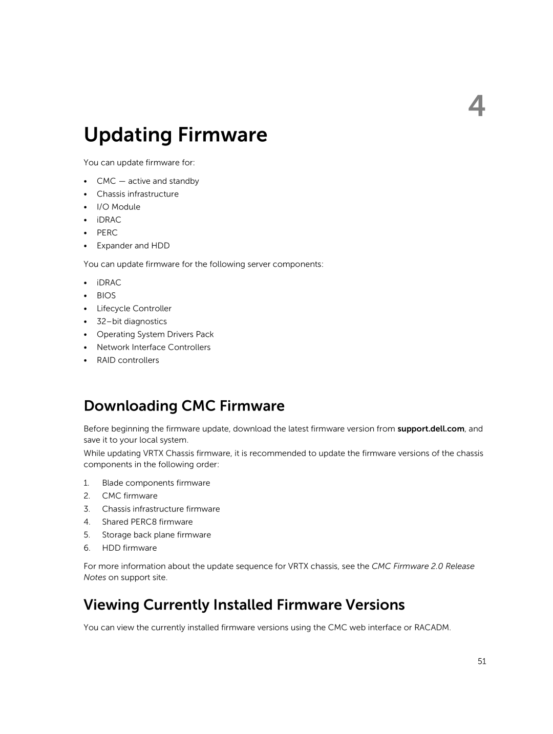 Dell 2 manual Updating Firmware, Downloading CMC Firmware, Viewing Currently Installed Firmware Versions, Perc, Bios 