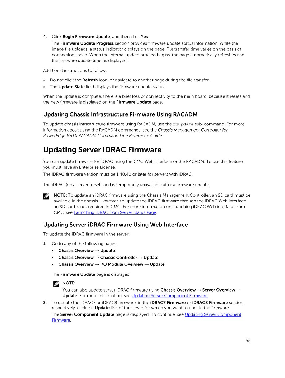 Dell 2 manual Updating Server iDRAC Firmware, Updating Chassis Infrastructure Firmware Using Racadm 