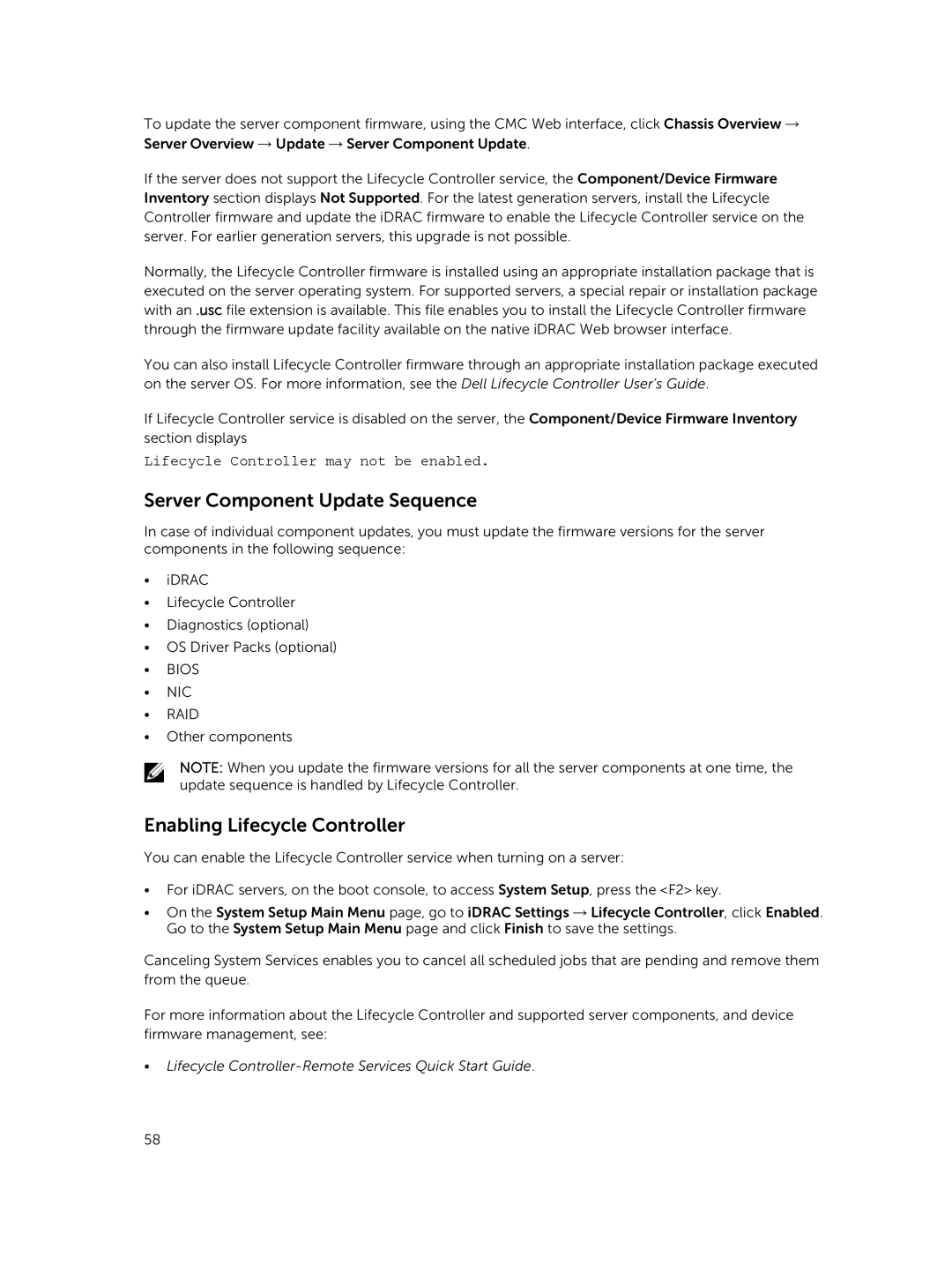 Dell 2 manual Server Component Update Sequence, Enabling Lifecycle Controller, Lifecycle Controller may not be enabled 