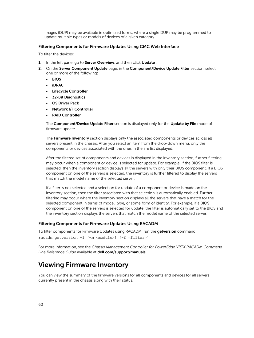 Dell 2 manual Viewing Firmware Inventory, Filtering Components for Firmware Updates Using Racadm 