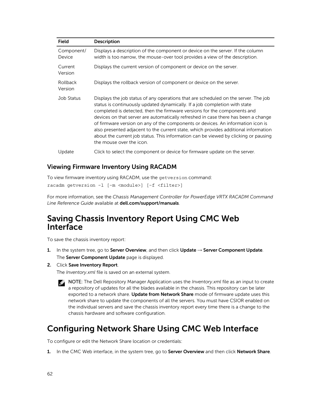 Dell 2 manual Saving Chassis Inventory Report Using CMC Web Interface, Configuring Network Share Using CMC Web Interface 