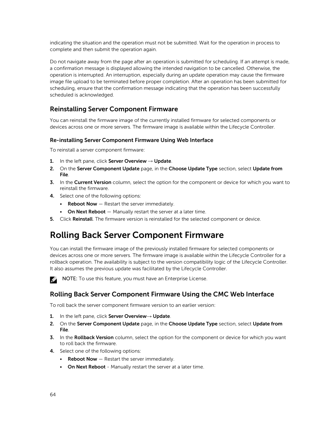 Dell 2 manual Rolling Back Server Component Firmware, Reinstalling Server Component Firmware 