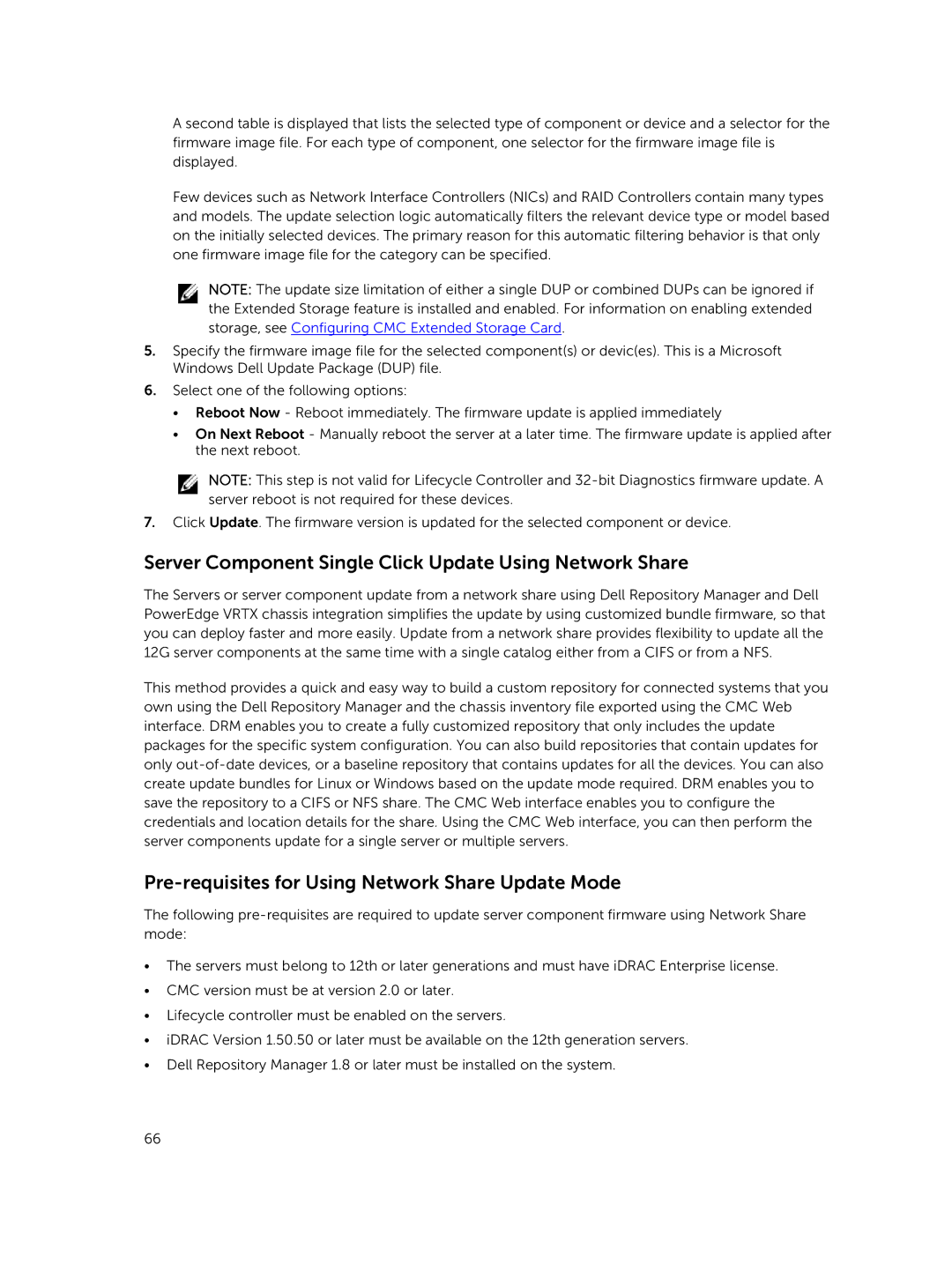 Dell 2 manual Server Component Single Click Update Using Network Share, Pre-requisites for Using Network Share Update Mode 