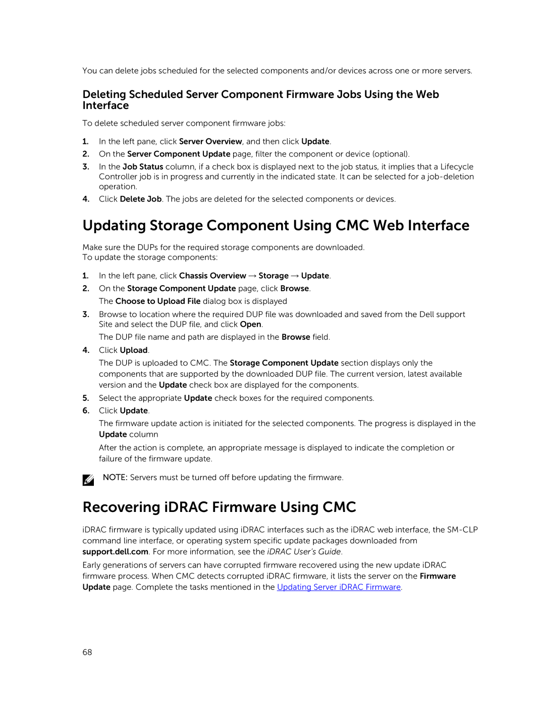 Dell 2 manual Updating Storage Component Using CMC Web Interface, Recovering iDRAC Firmware Using CMC 