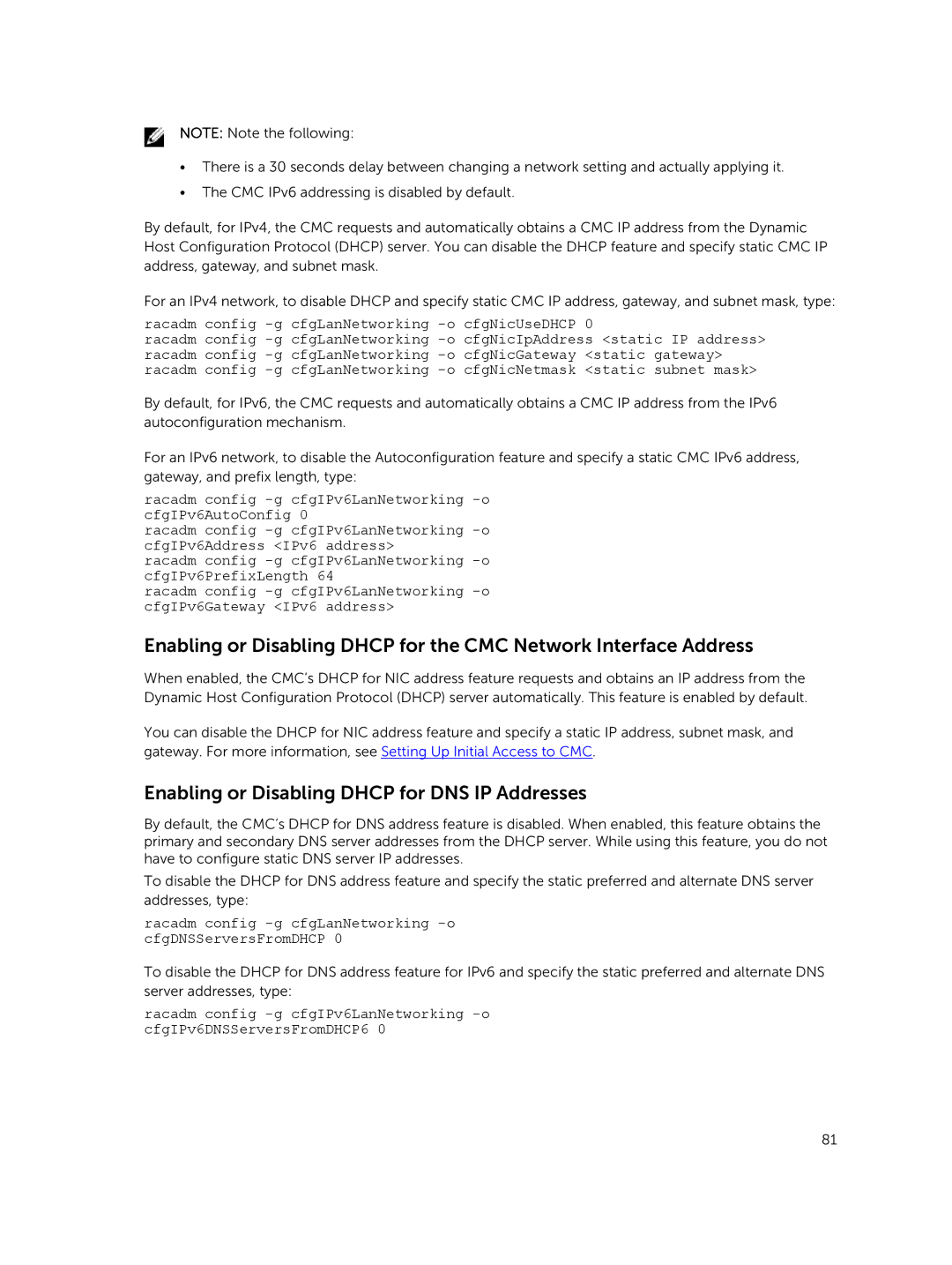 Dell 2 manual Enabling or Disabling Dhcp for DNS IP Addresses, Racadm config -g cfgLanNetworking -o cfgDNSServersFromDHCP 