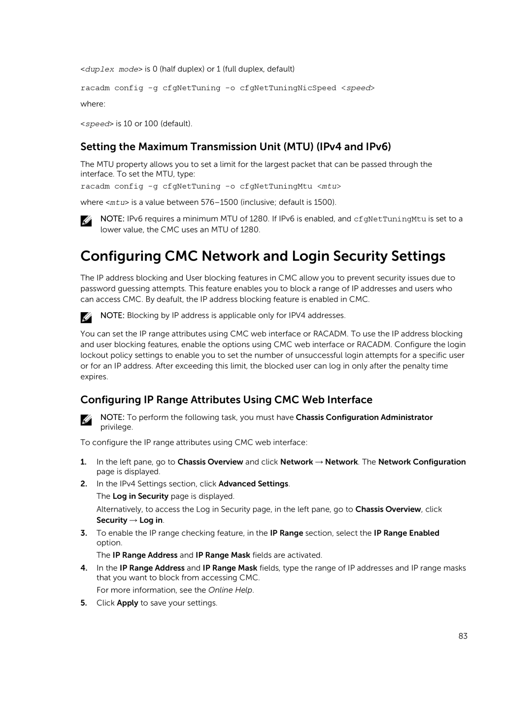 Dell 2 manual Configuring CMC Network and Login Security Settings, Setting the Maximum Transmission Unit MTU IPv4 and IPv6 