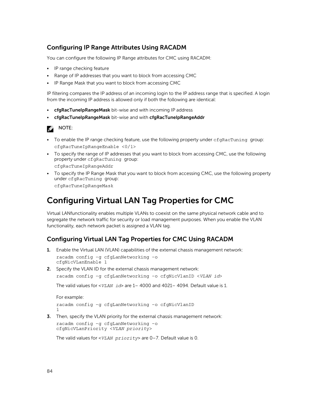 Dell 2 manual Configuring Virtual LAN Tag Properties for CMC, Configuring IP Range Attributes Using Racadm 