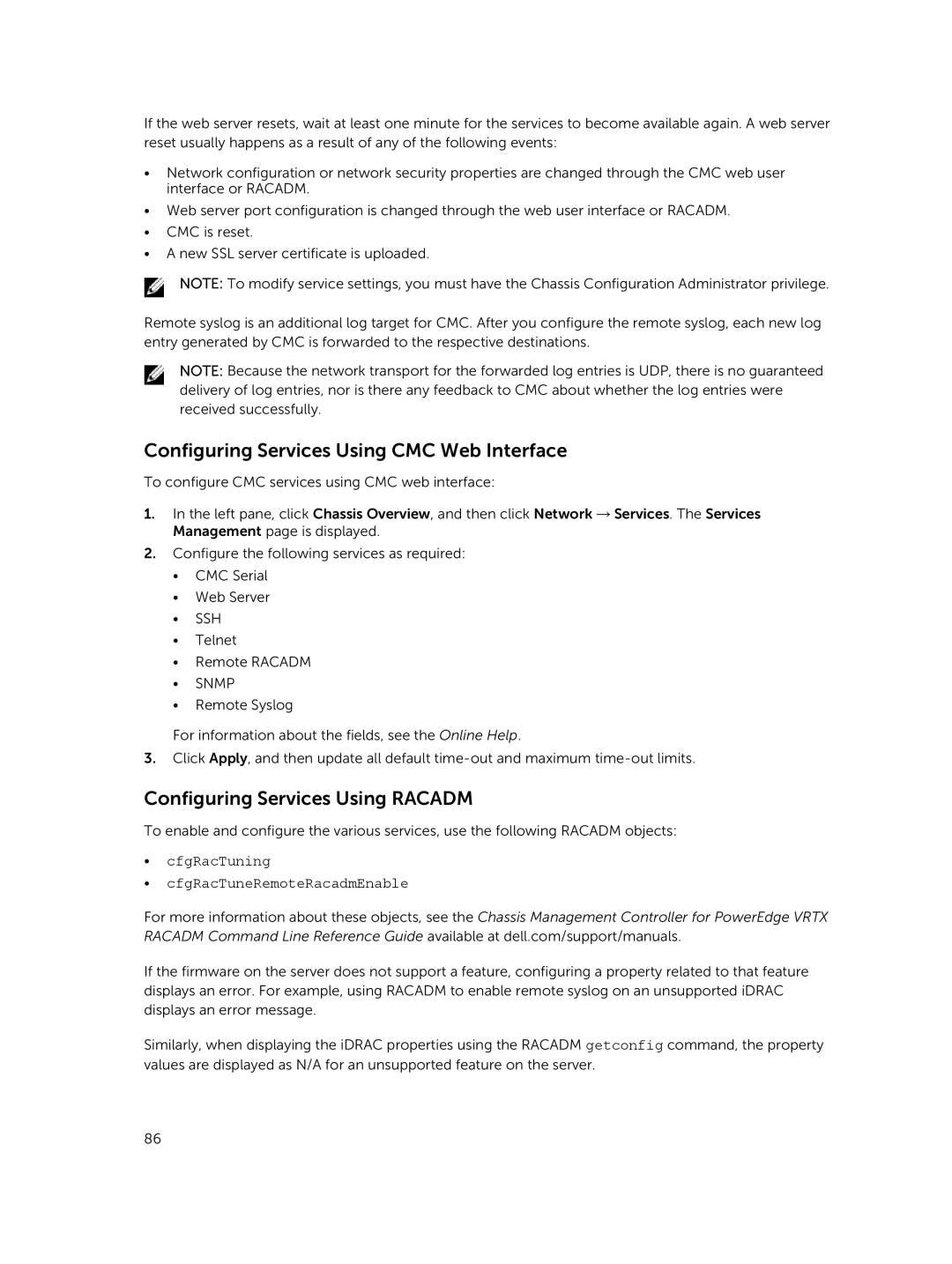 Dell 2 manual Configuring Services Using CMC Web Interface, Configuring Services Using Racadm 