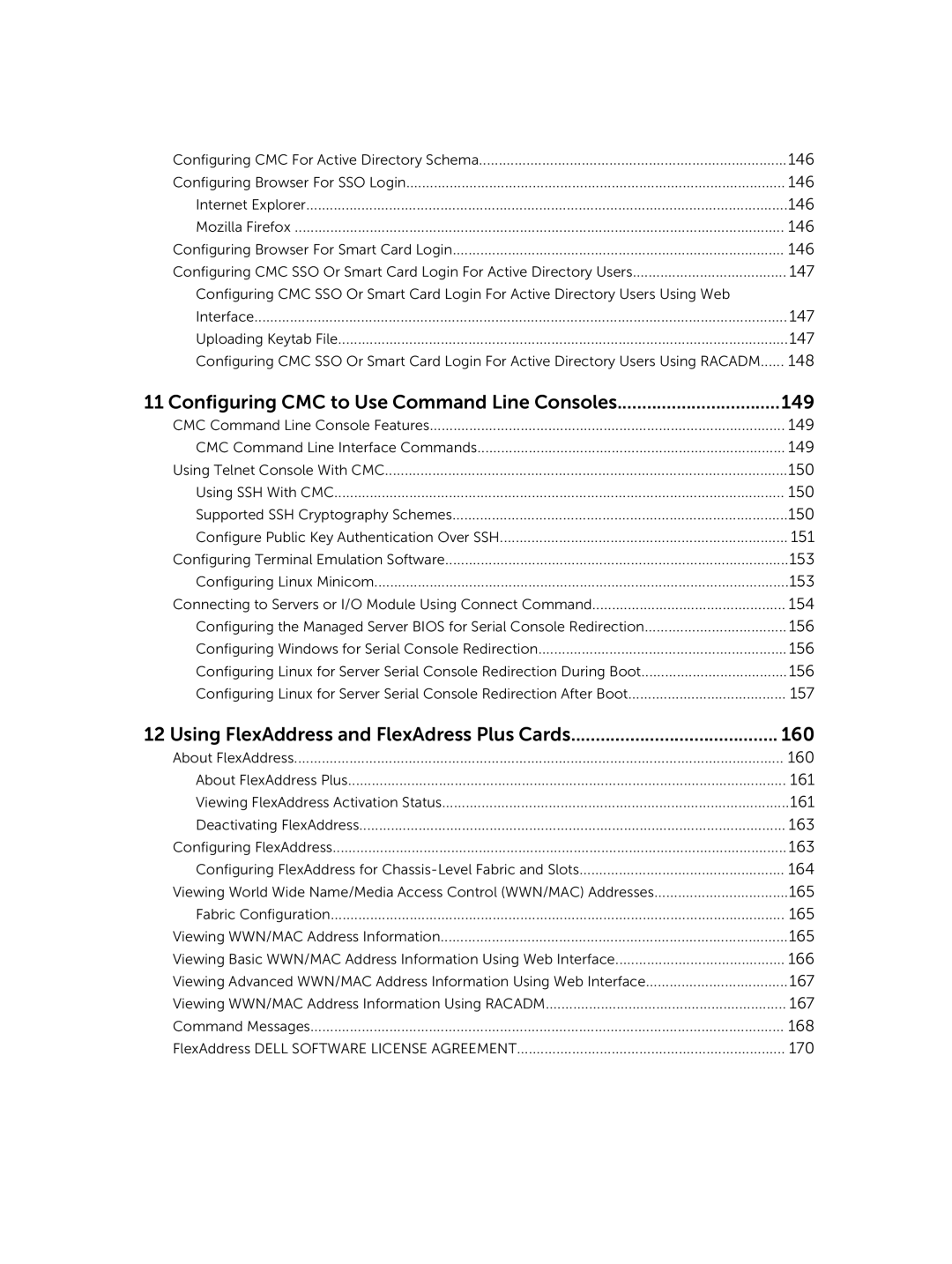 Dell 2 manual Configuring CMC to Use Command Line Consoles 149, Using FlexAddress and FlexAdress Plus Cards 160 