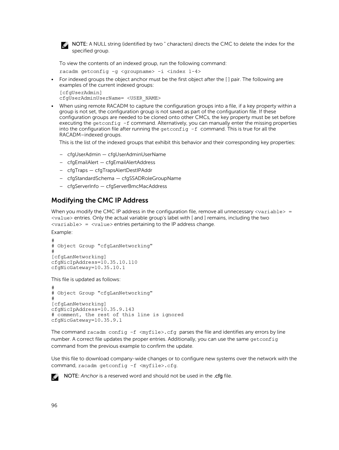 Dell 2 Modifying the CMC IP Address, Racadm getconfig -g groupname -i index, CfgUserAdmin cfgUserAdminUserName= Username 