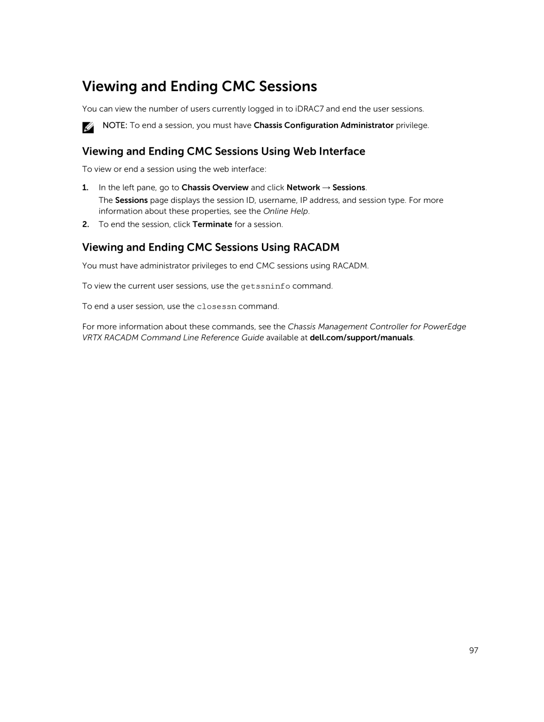 Dell 2 manual Viewing and Ending CMC Sessions Using Web Interface, Viewing and Ending CMC Sessions Using Racadm 