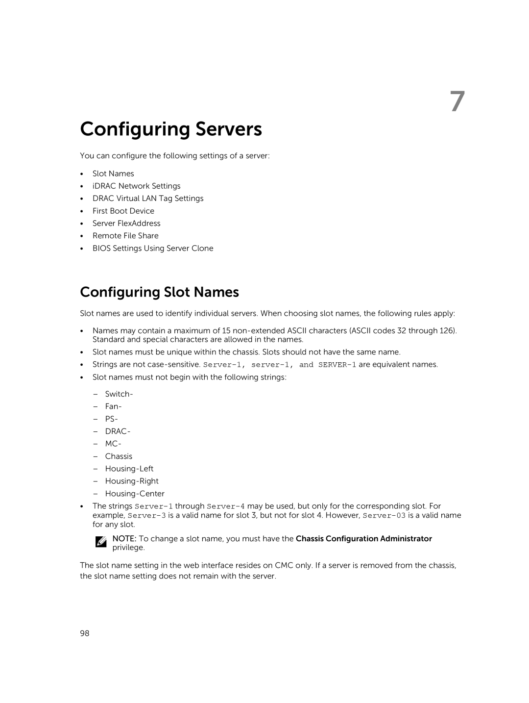 Dell 2 manual Configuring Servers, Configuring Slot Names, Drac 