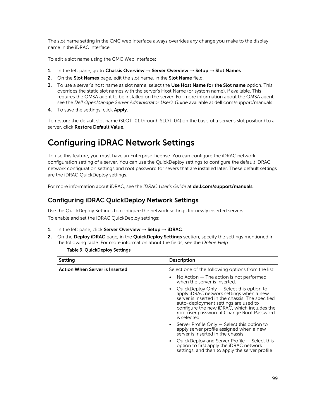 Dell 2 manual Configuring iDRAC Network Settings, Configuring iDRAC QuickDeploy Network Settings 