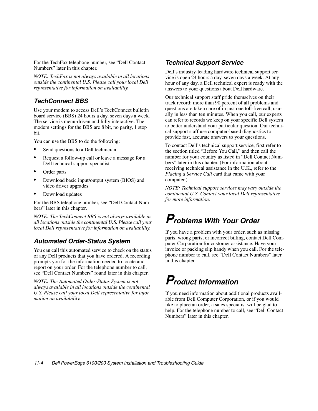 Dell 200, 6100 manual Problems With Your Order, Product Information, TechConnect BBS, Automated Order-Status System 