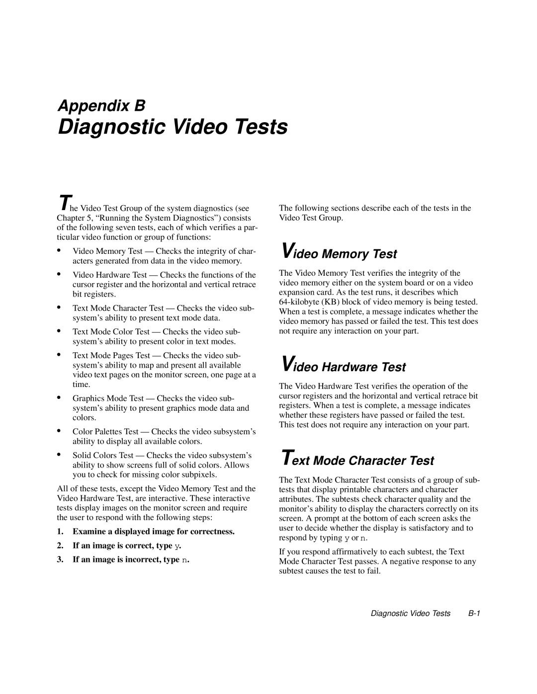 Dell 6100, 200 manual Diagnostic Video Tests, Video Memory Test, Video Hardware Test, Text Mode Character Test 