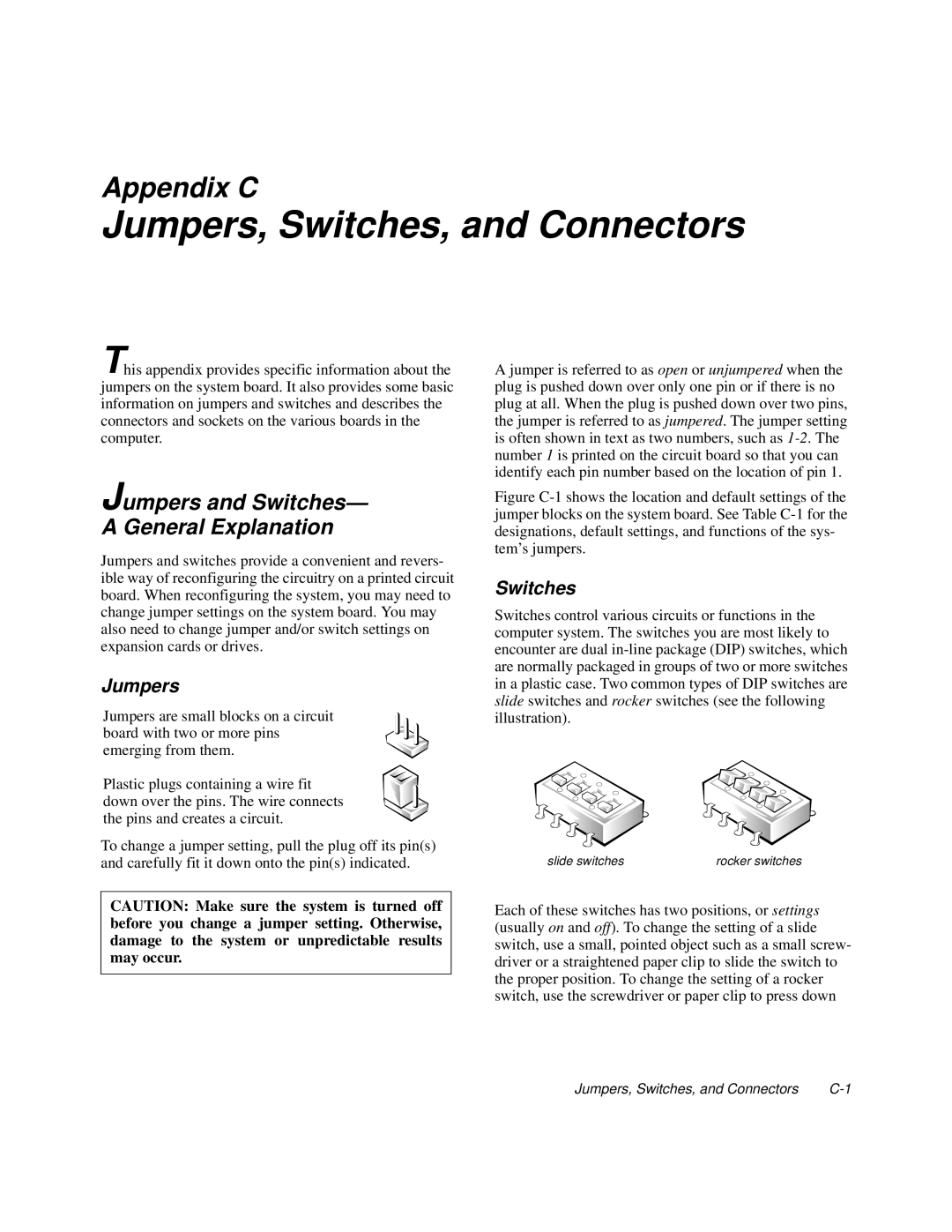 Dell 6100, 200 manual Jumpers, Switches, and Connectors, Jumpers and Switches General Explanation 