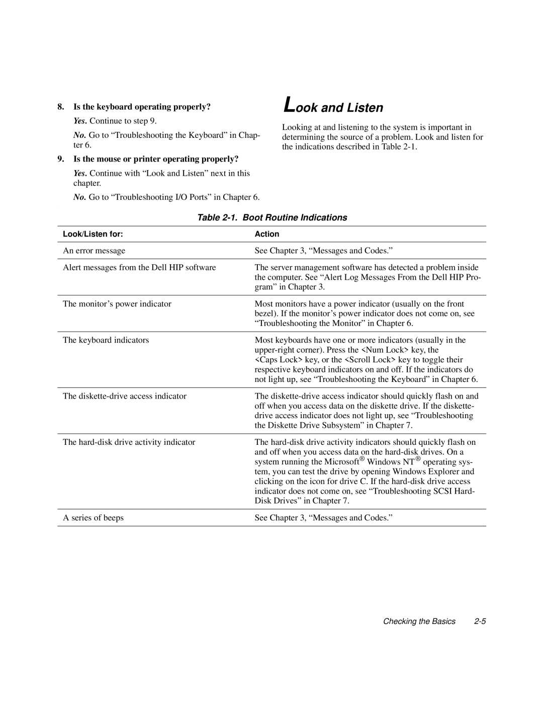 Dell 6100, 200 manual Look and Listen, Is the keyboard operating properly? Yes. Continue to step, Boot Routine Indications 