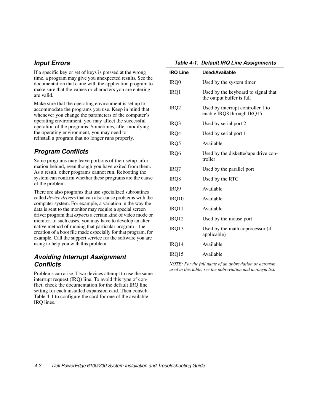 Dell 200, 6100 manual Input Errors, Program Conflicts, Avoiding Interrupt Assignment Conflicts, Default IRQ Line Assignments 