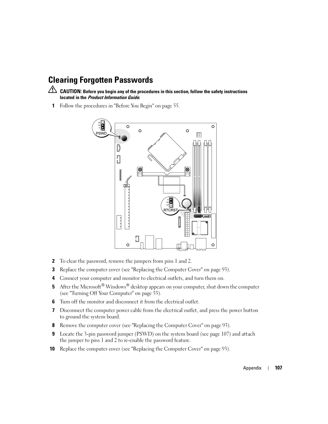 Dell 200 owner manual Clearing Forgotten Passwords, 107 