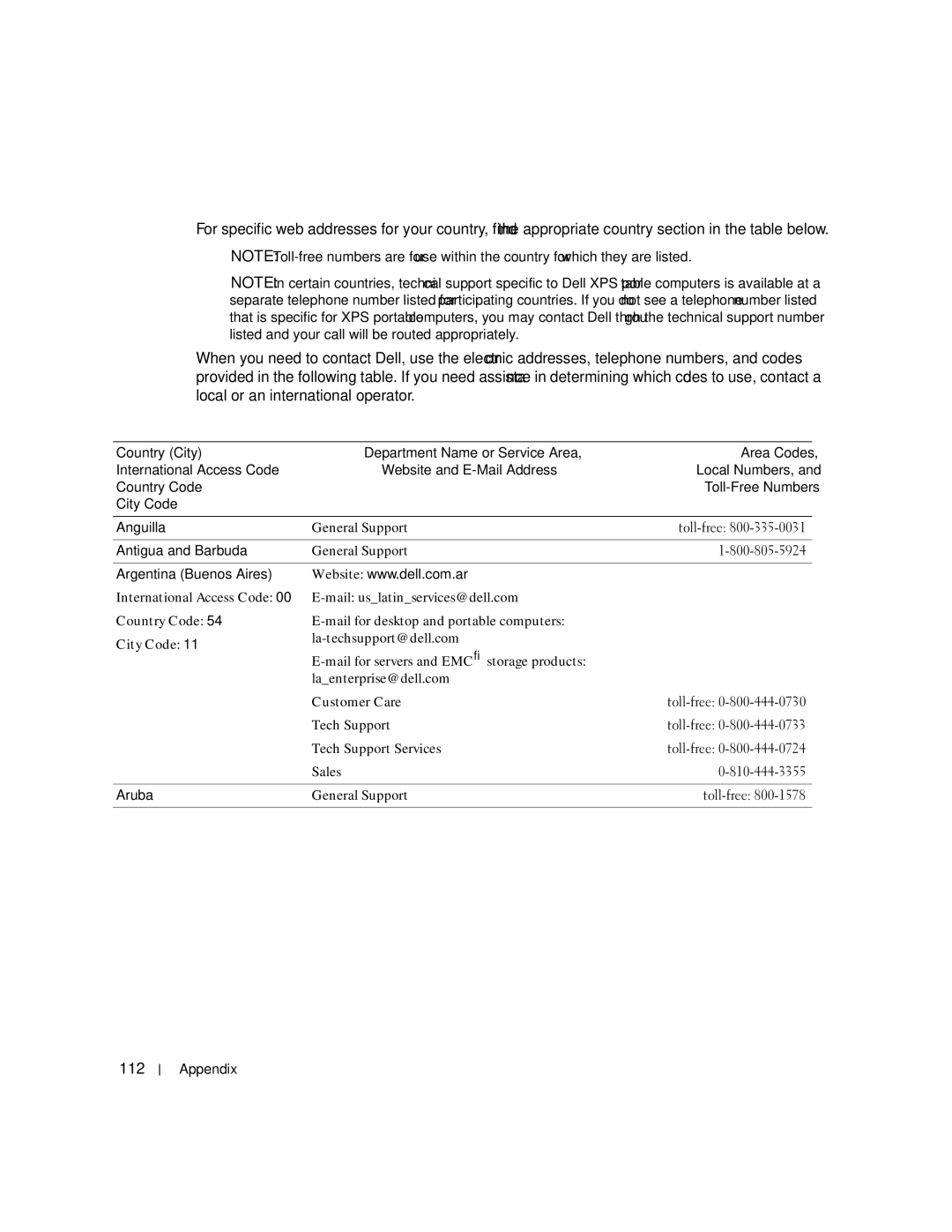 Dell 200 owner manual 112, Toll-free, Antigua and Barbuda, Argentina Buenos Aires, Aruba 