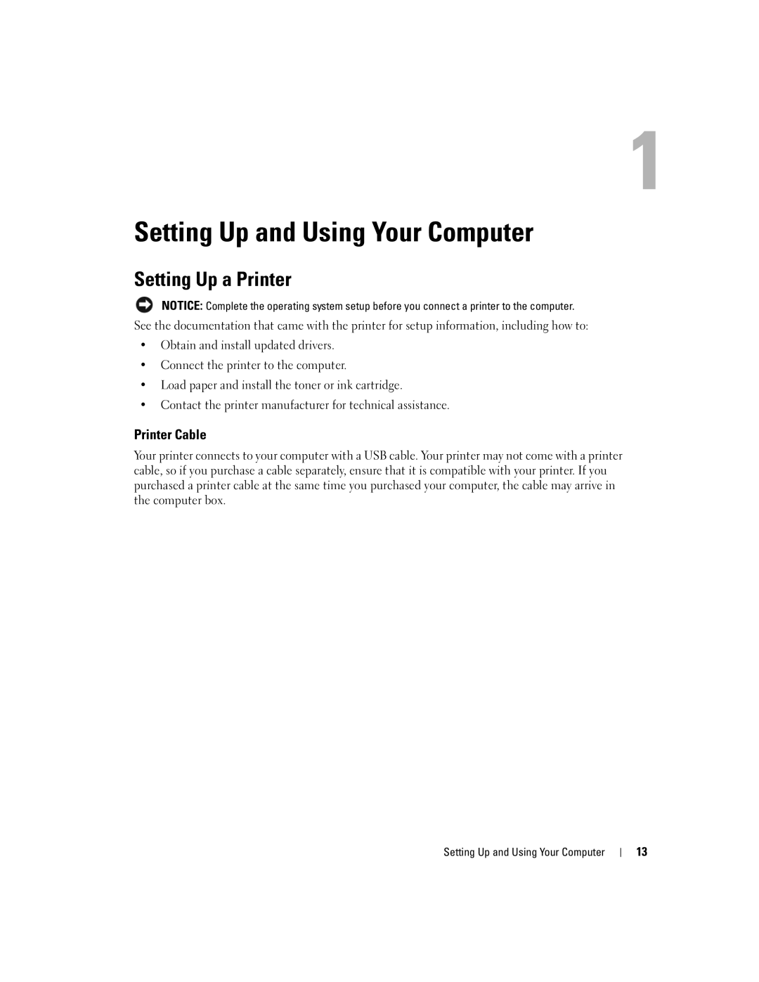 Dell 200 owner manual Setting Up a Printer, Printer Cable, Setting Up and Using Your Computer 