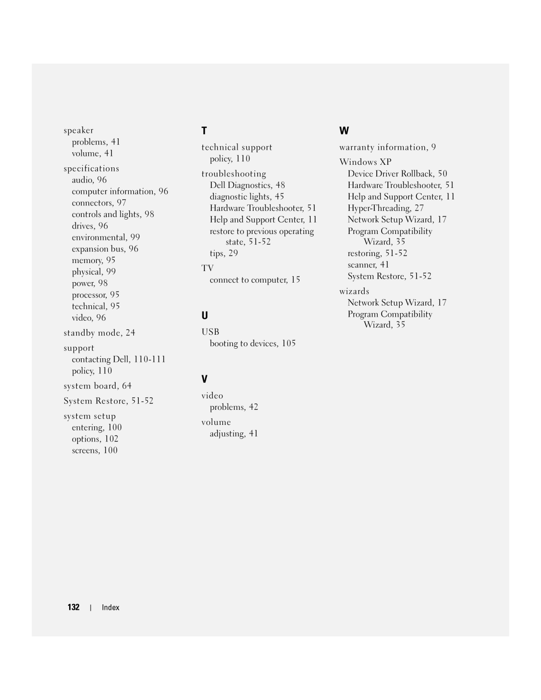 Dell 200 Wizard, Booting to devices Video Problems Volume Adjusting 132, Hardware Troubleshooter, Help and Support Center 