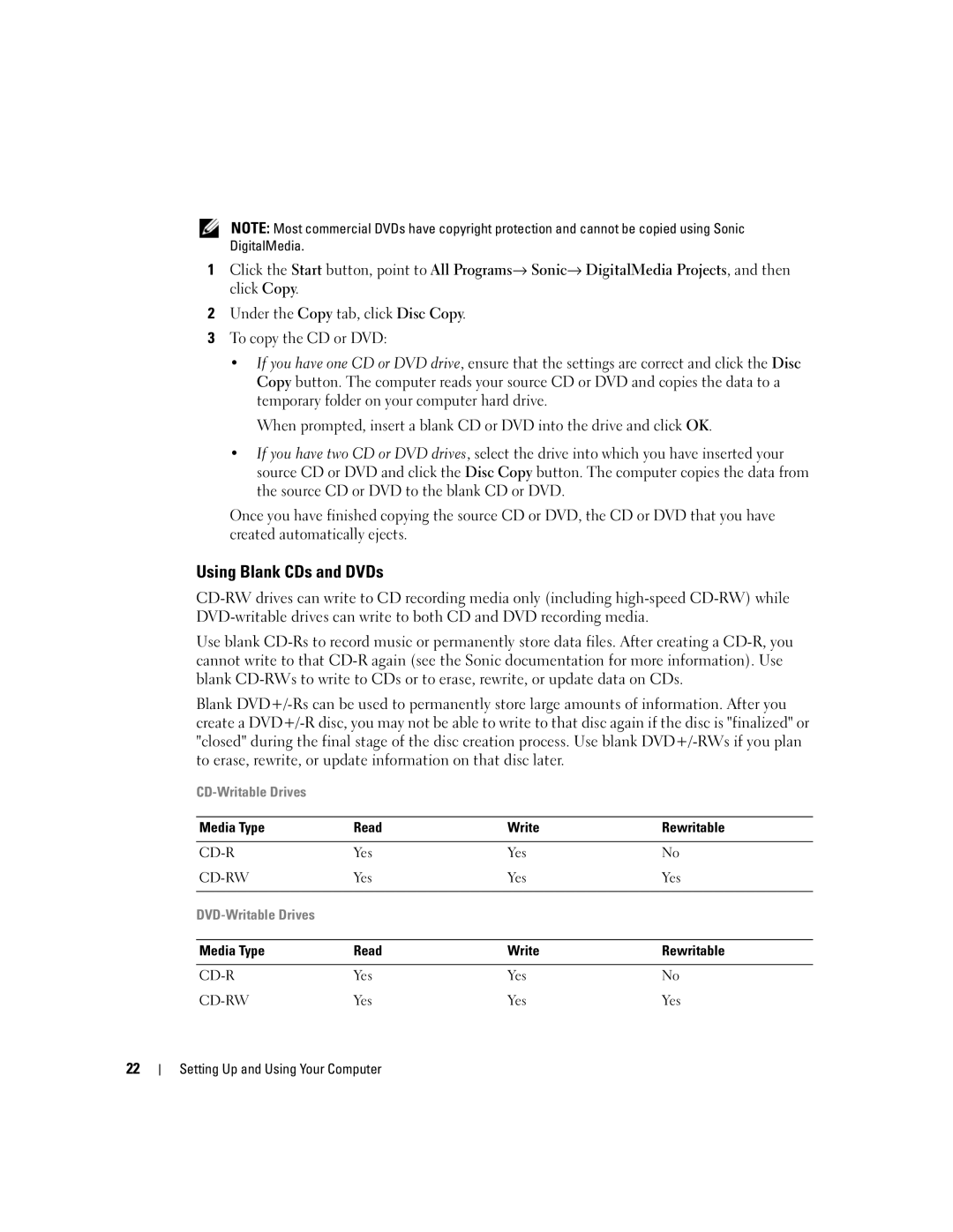 Dell 200 owner manual Using Blank CDs and DVDs, Media Type Read Write Rewritable 