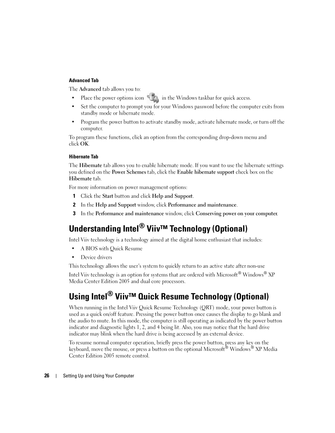 Dell 200 Understanding Intel Viiv Technology Optional, Using Intel Viiv Quick Resume Technology Optional, Advanced Tab 